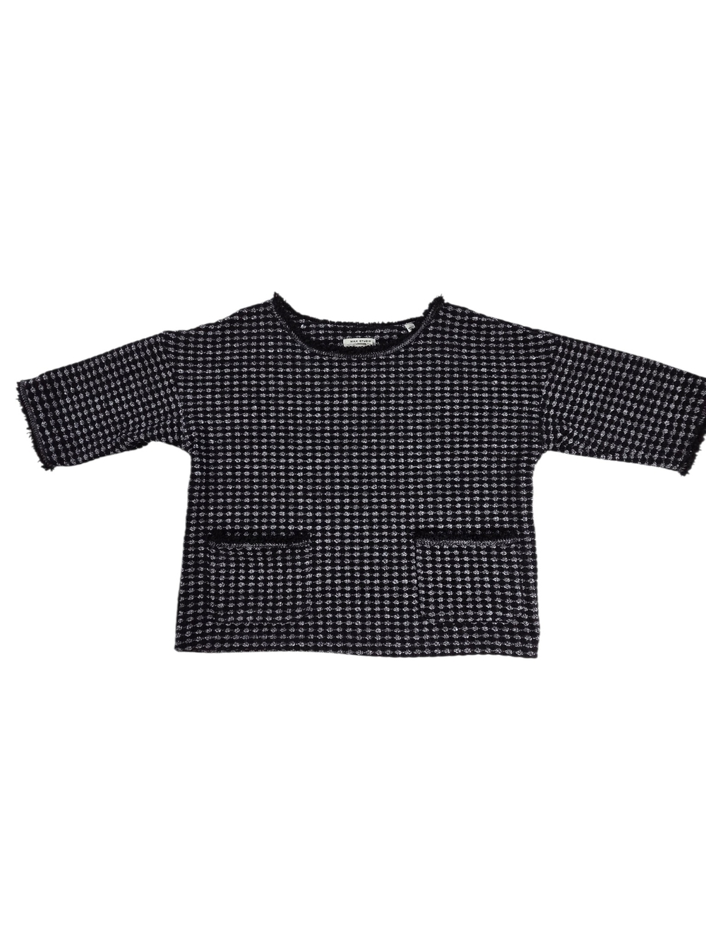 MAX STUDIO LONDON Textured Knit Crop Top Small Black White Boxy Fringe Trim